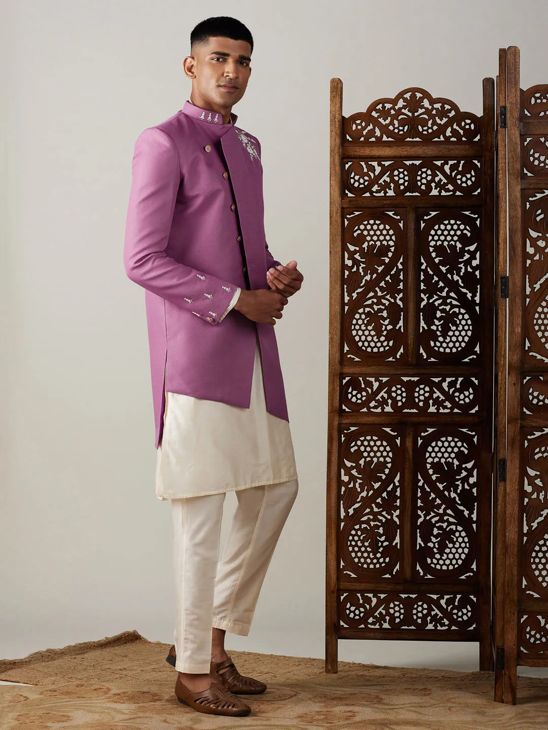 Vastramay Men's Purple Pearl Embroidered Indo With Kurta Pant Set