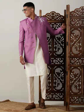 Vastramay Men's Purple Pearl Embroidered Indo With Kurta Pant Set