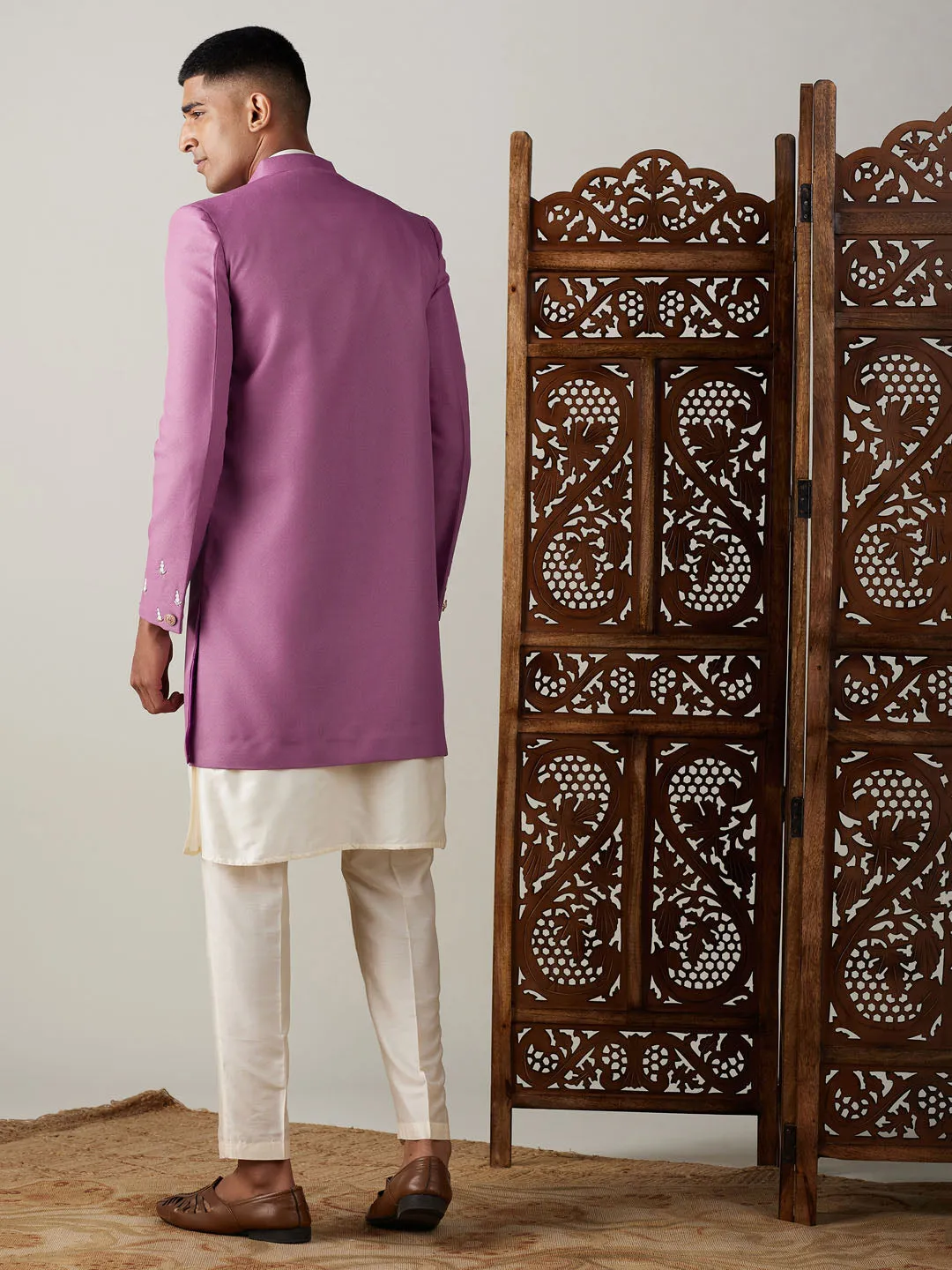 Vastramay Men's Purple Pearl Embroidered Indo With Kurta Pant Set