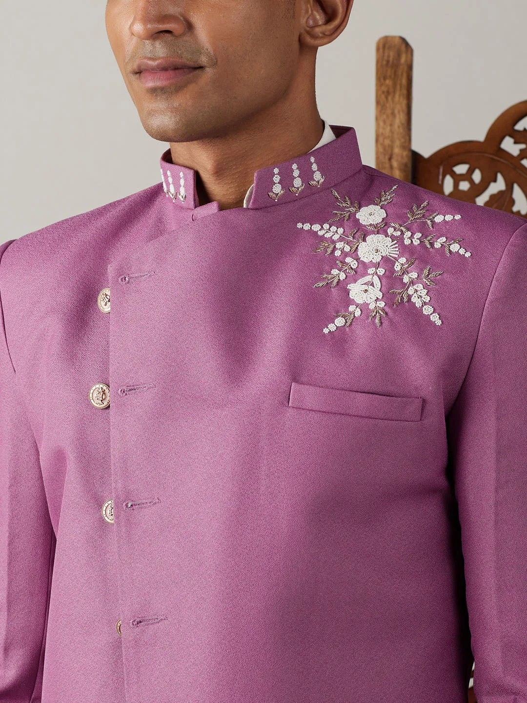 Vastramay Men's Purple Pearl Embroidered Indo With Kurta Pant Set