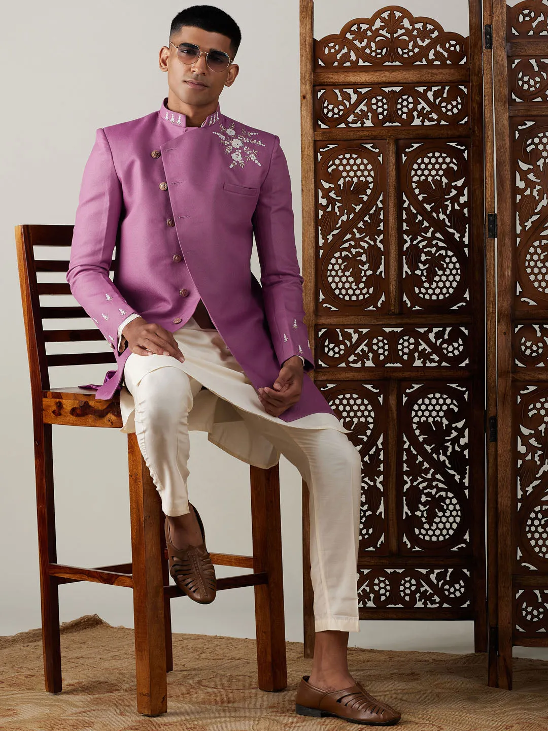 Vastramay Men's Purple Pearl Embroidered Indo With Kurta Pant Set