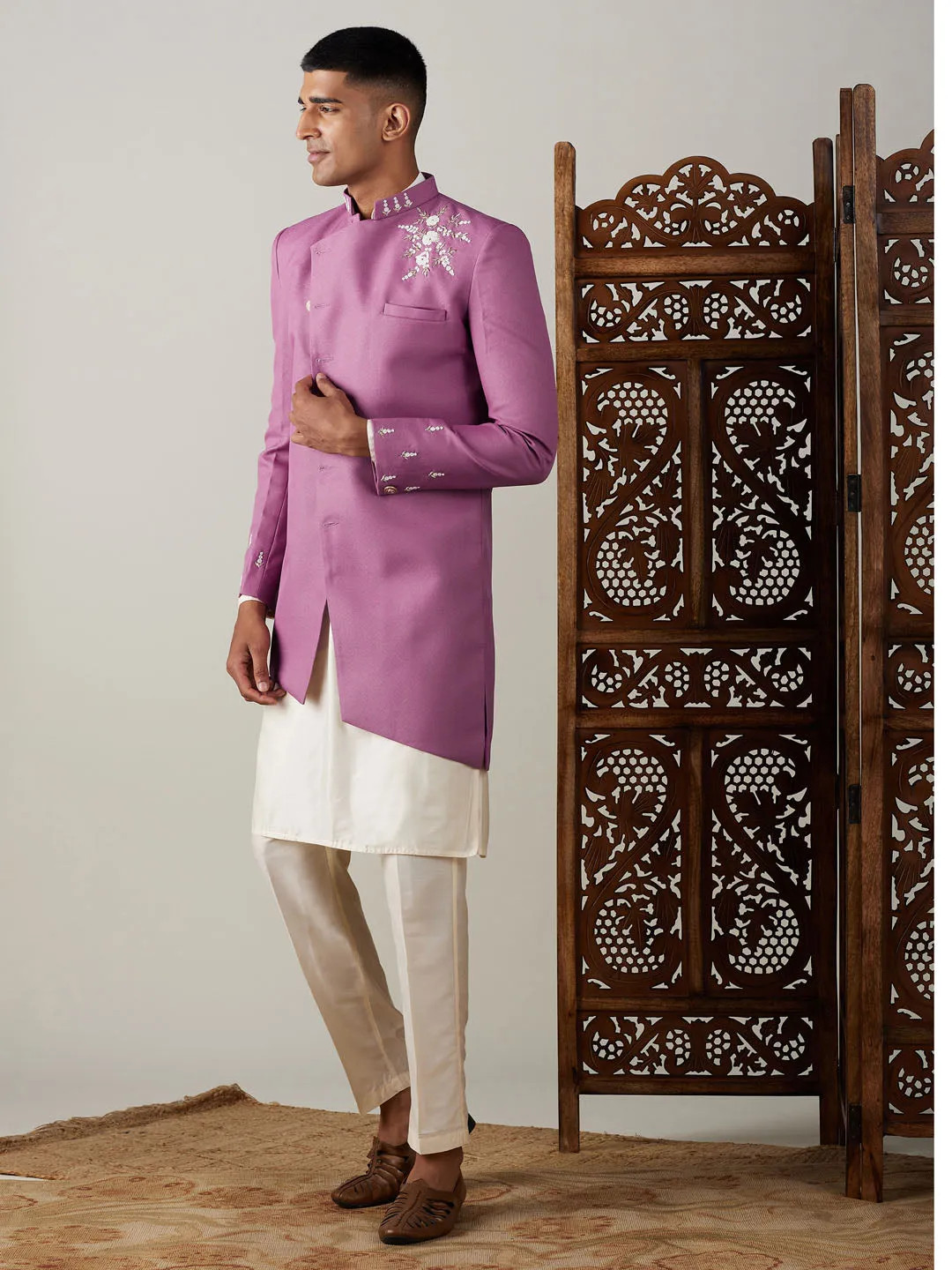 Vastramay Men's Purple Pearl Embroidered Indo With Kurta Pant Set