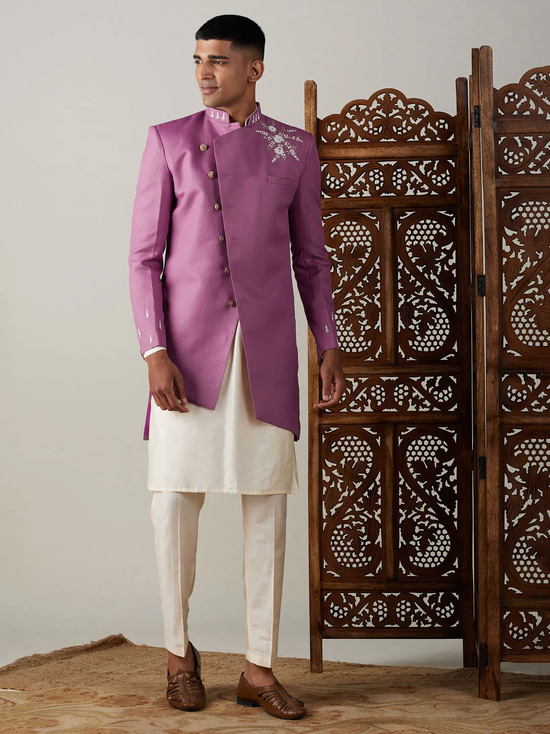 Vastramay Men's Purple Pearl Embroidered Indo With Kurta Pant Set