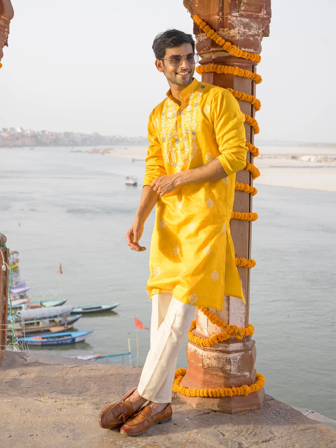 Vastramay Men's Yellow Embroidered Silk Kurta Pyjama Set