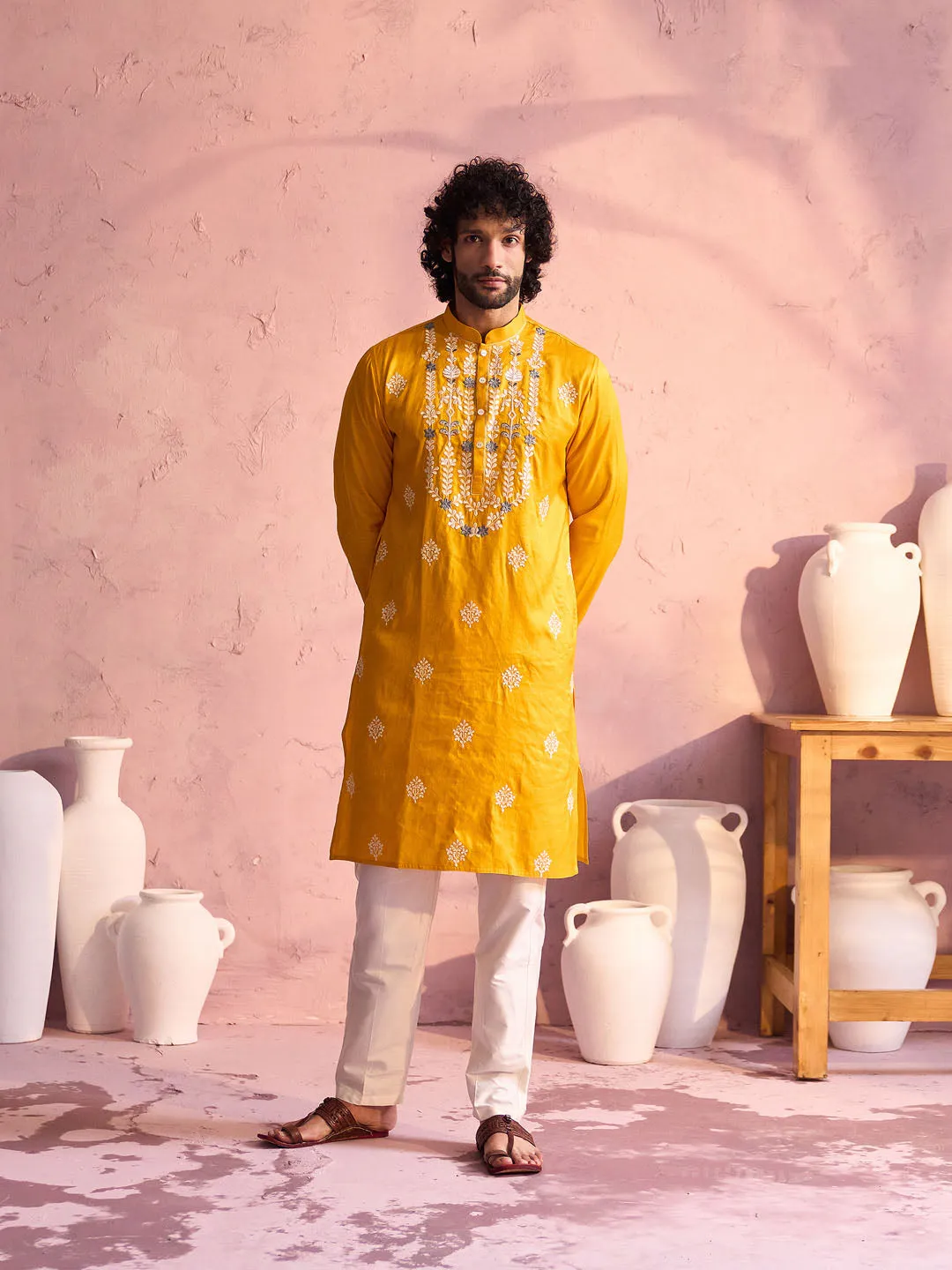 Vastramay Men's Yellow Embroidered Silk Kurta Pyjama Set