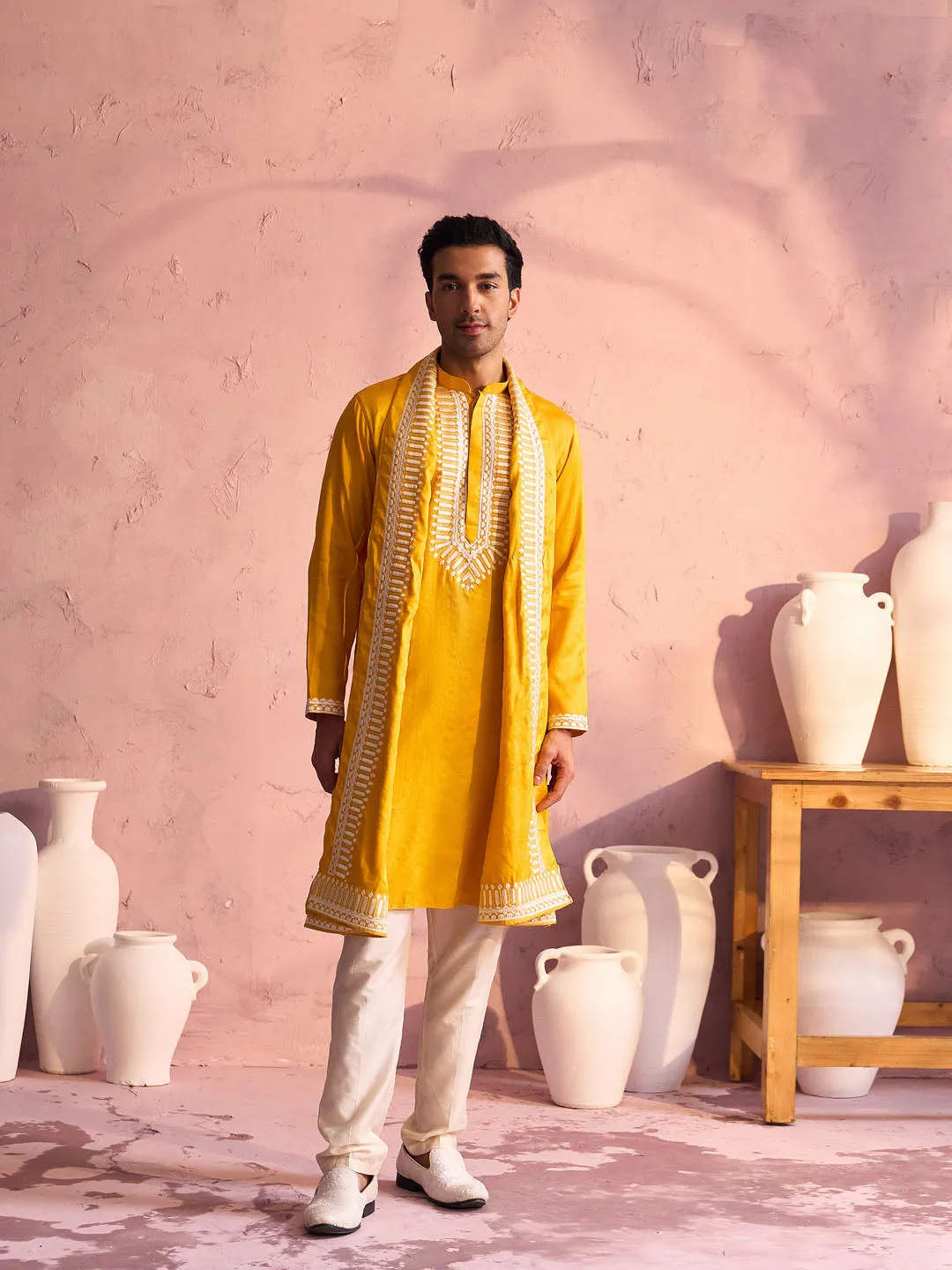 Vastramay Men's Yellow Silk Machine Embroidered Kurta Pyjama With Silk Dupatta Set