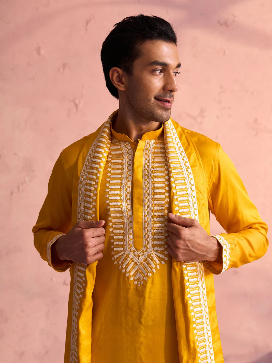 Vastramay Men's Yellow Silk Machine Embroidered Kurta Pyjama With Silk Dupatta Set