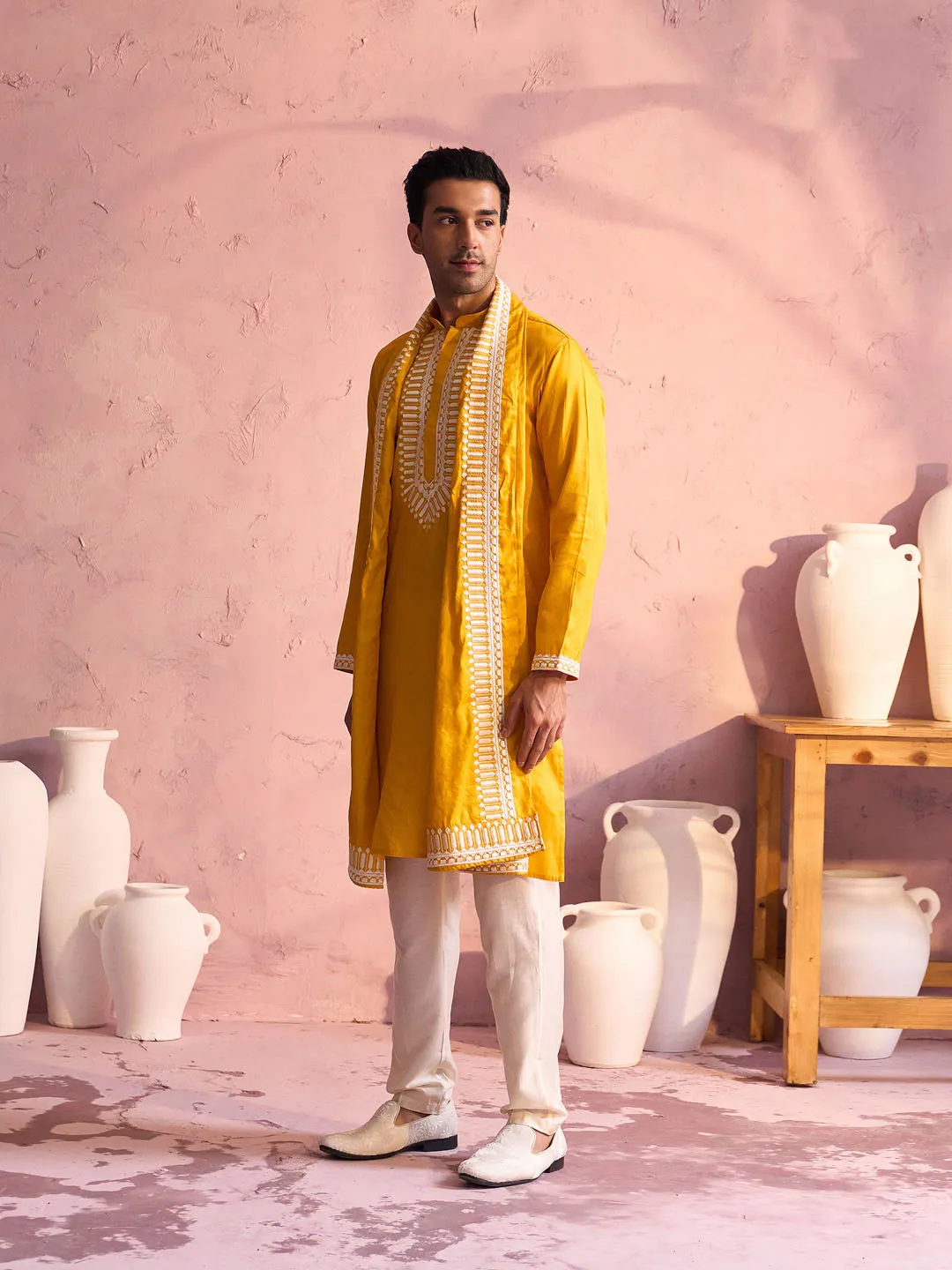 Vastramay Men's Yellow Silk Machine Embroidered Kurta Pyjama With Silk Dupatta Set