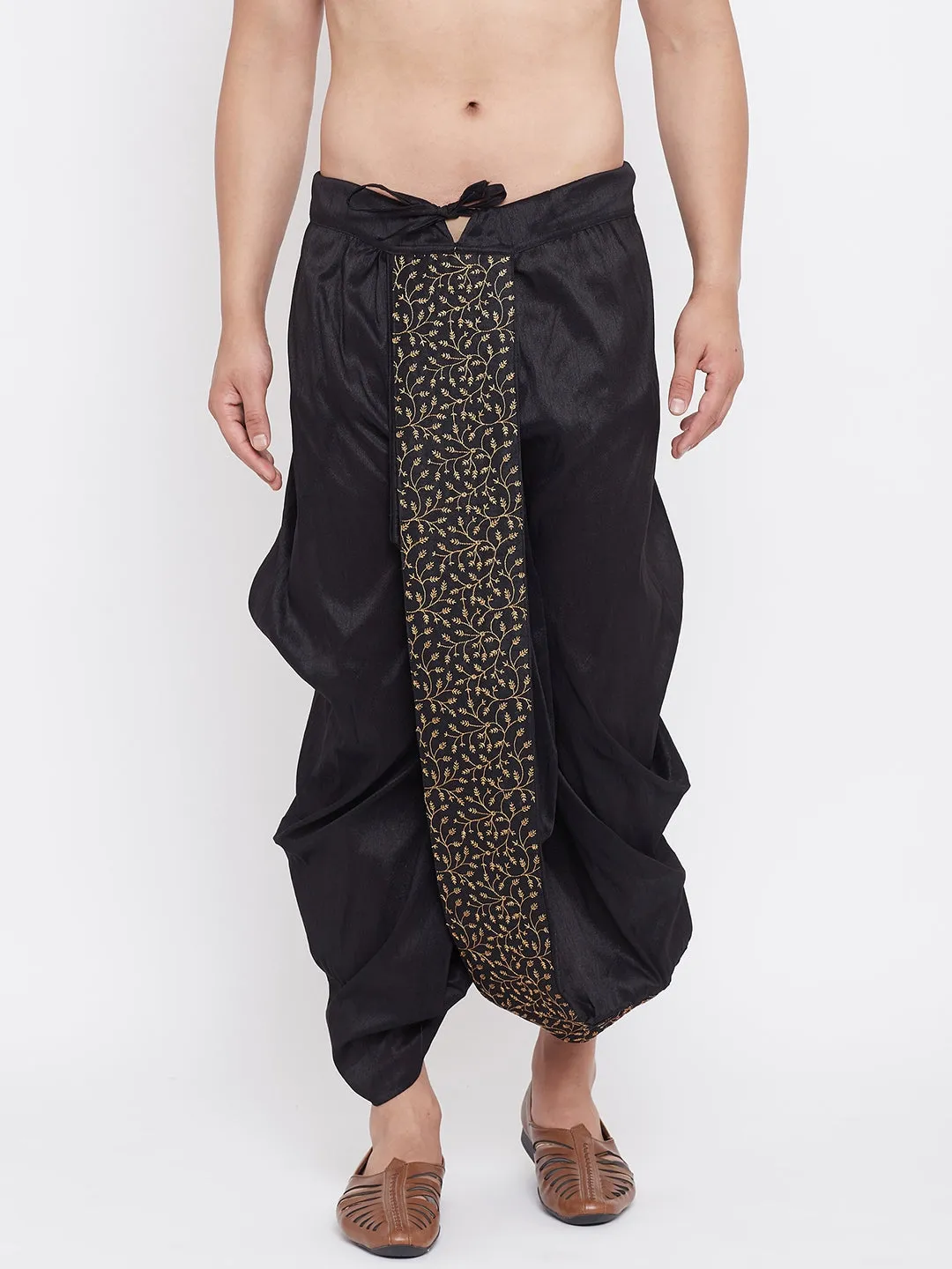 VM BY VASTRAMAY Men's Black Silk Blend Embroidered Dhoti