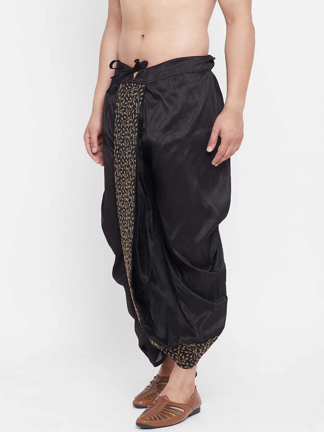 VM BY VASTRAMAY Men's Black Silk Blend Embroidered Dhoti