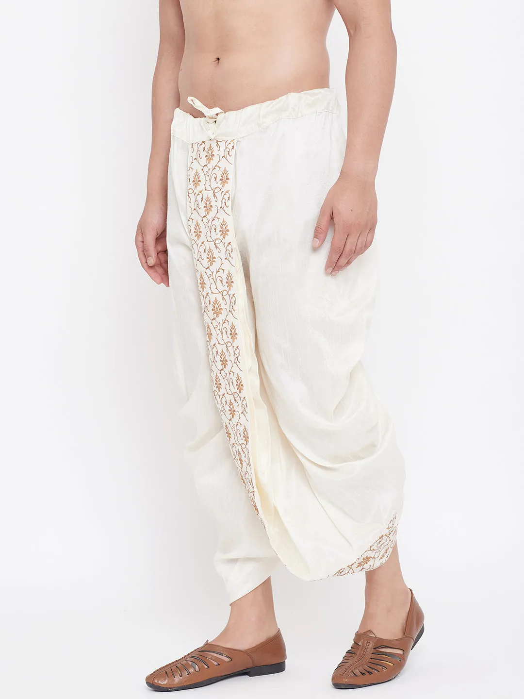 VM By VASTRAMAY Men's Cream Silk Blend Embroidered Dhoti