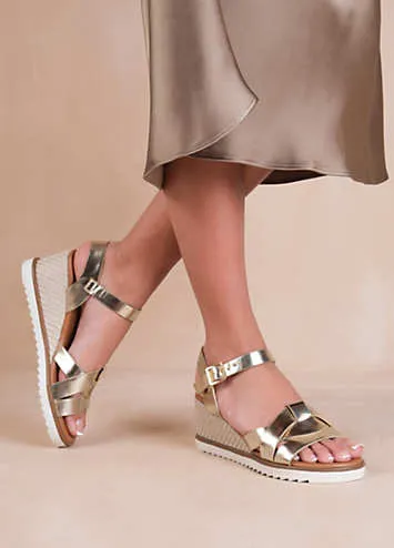 Where’s That From Sydney Wedge Sandals with Front Strap Detail in Gold Metallic PU | Grattan