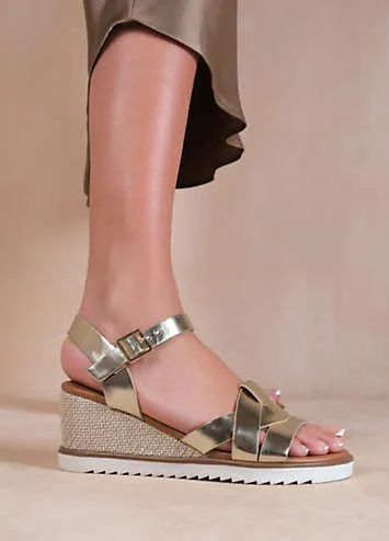 Where’s That From Sydney Wedge Sandals with Front Strap Detail in Gold Metallic PU | Grattan