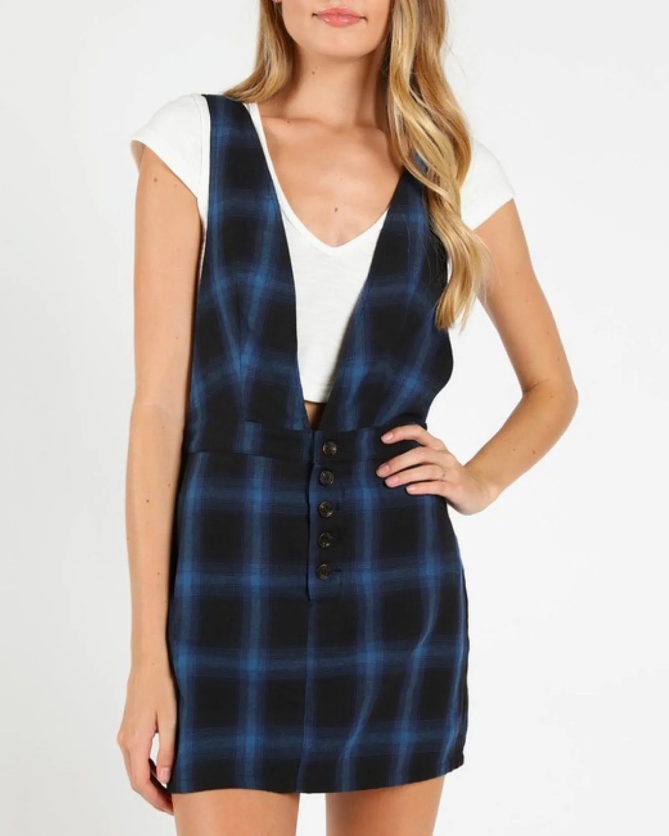 Wild Honey - Plaid V-Neck Pinafore Dress in Cobalt