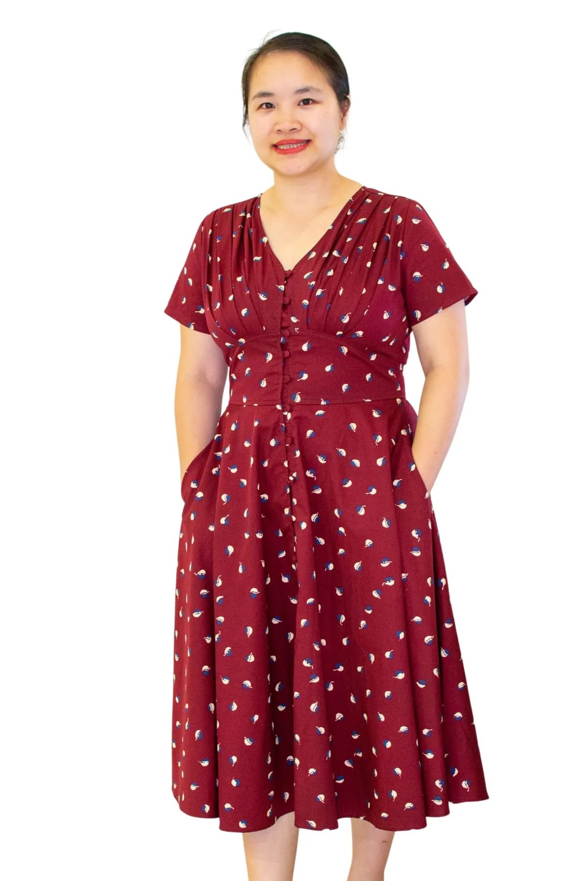 Wine Red with White & Blue Leaf Painted V Neck Button Front A Line Short Sleeve Cotton Dress with Pockets