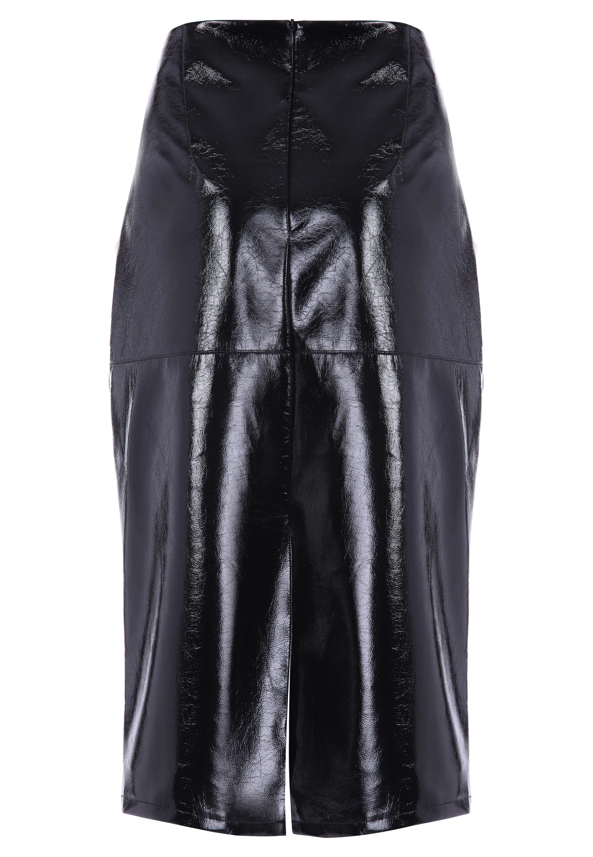 Womens Black Vinyl PU Midi Skirt