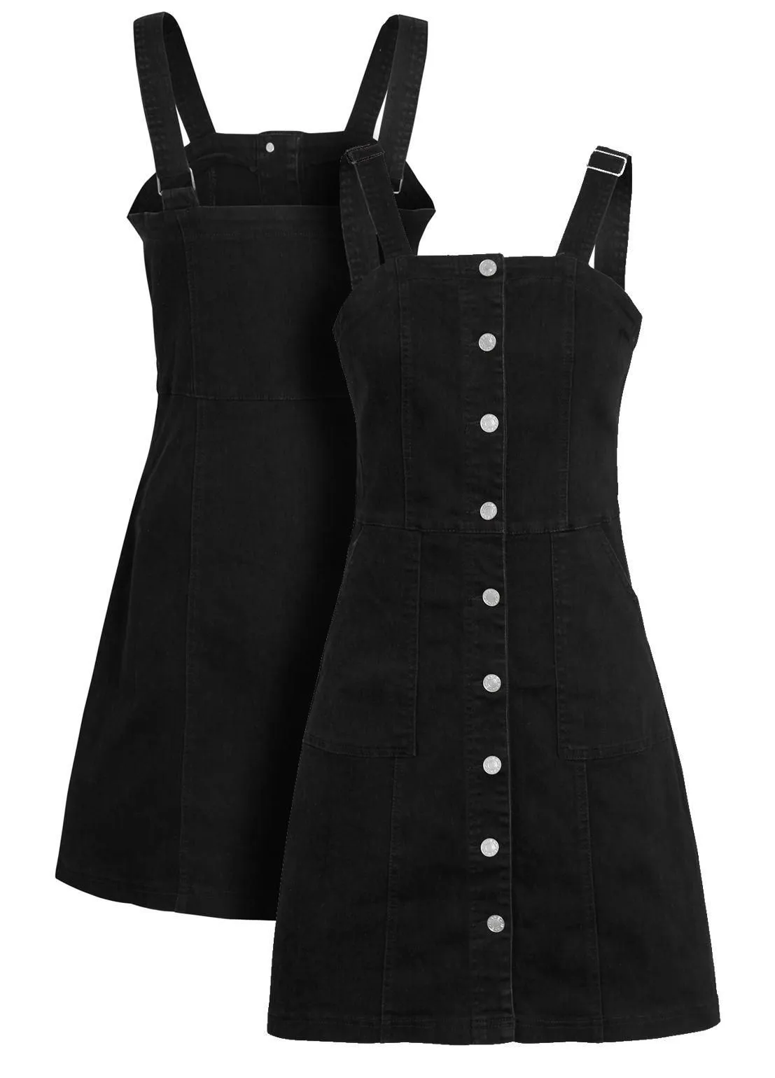 Womens Denim Pinafore Dress, Black, UK Size 8 to 14