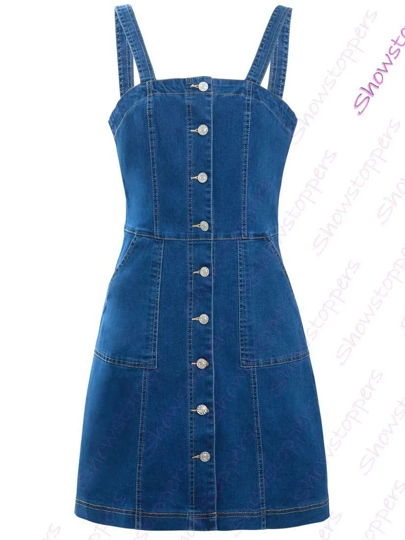 Womens Denim Stretch Sleeveless Pinafore Dress, UK Sizes 8 to 16