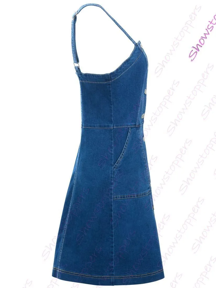 Womens Denim Stretch Sleeveless Pinafore Dress, UK Sizes 8 to 16