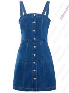 Womens Denim Stretch Sleeveless Pinafore Dress, UK Sizes 8 to 16