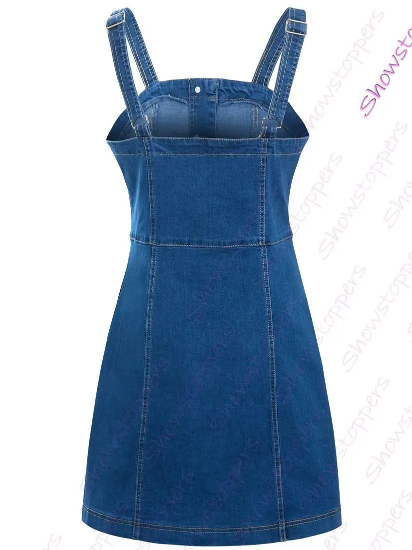 Womens Denim Stretch Sleeveless Pinafore Dress, UK Sizes 8 to 16