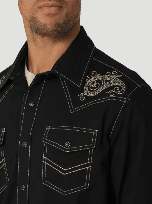 Wrangler Men's ROCK 47 Long Sleeve Embroidered Yoke Black Ember Western Snap Shirt  112324825