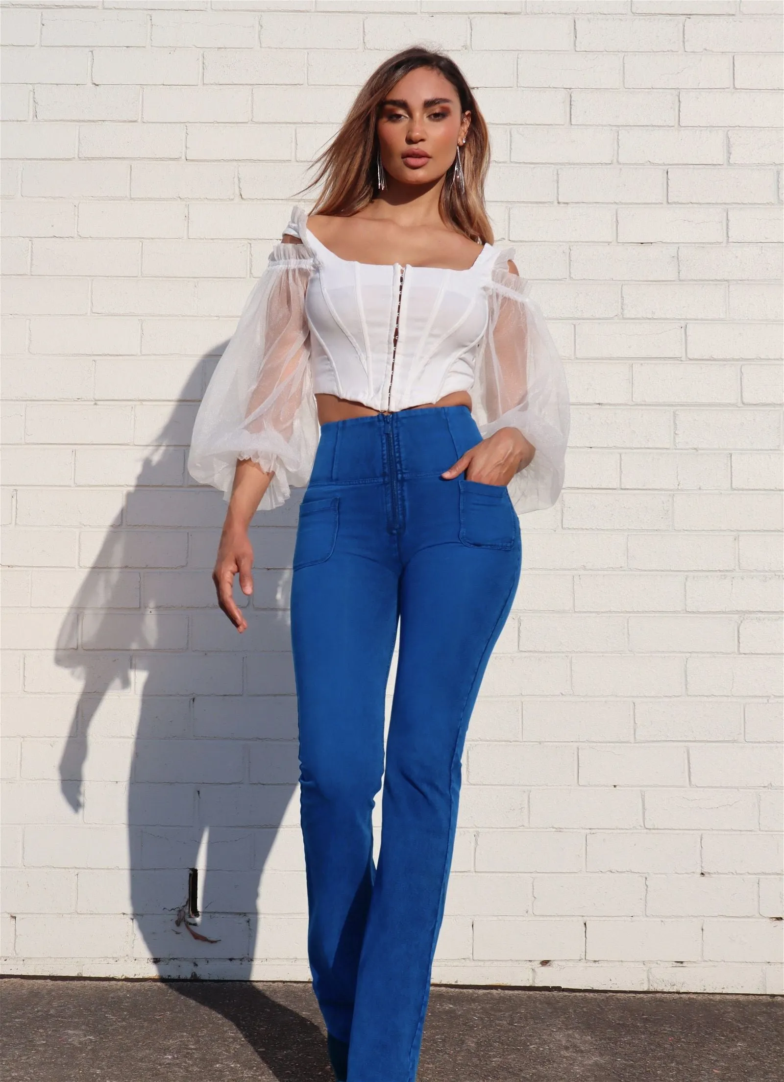 WR.UP Denim With Front Pockets - Super High Waisted - Flare - Cobalt Blue + Blue Stitching